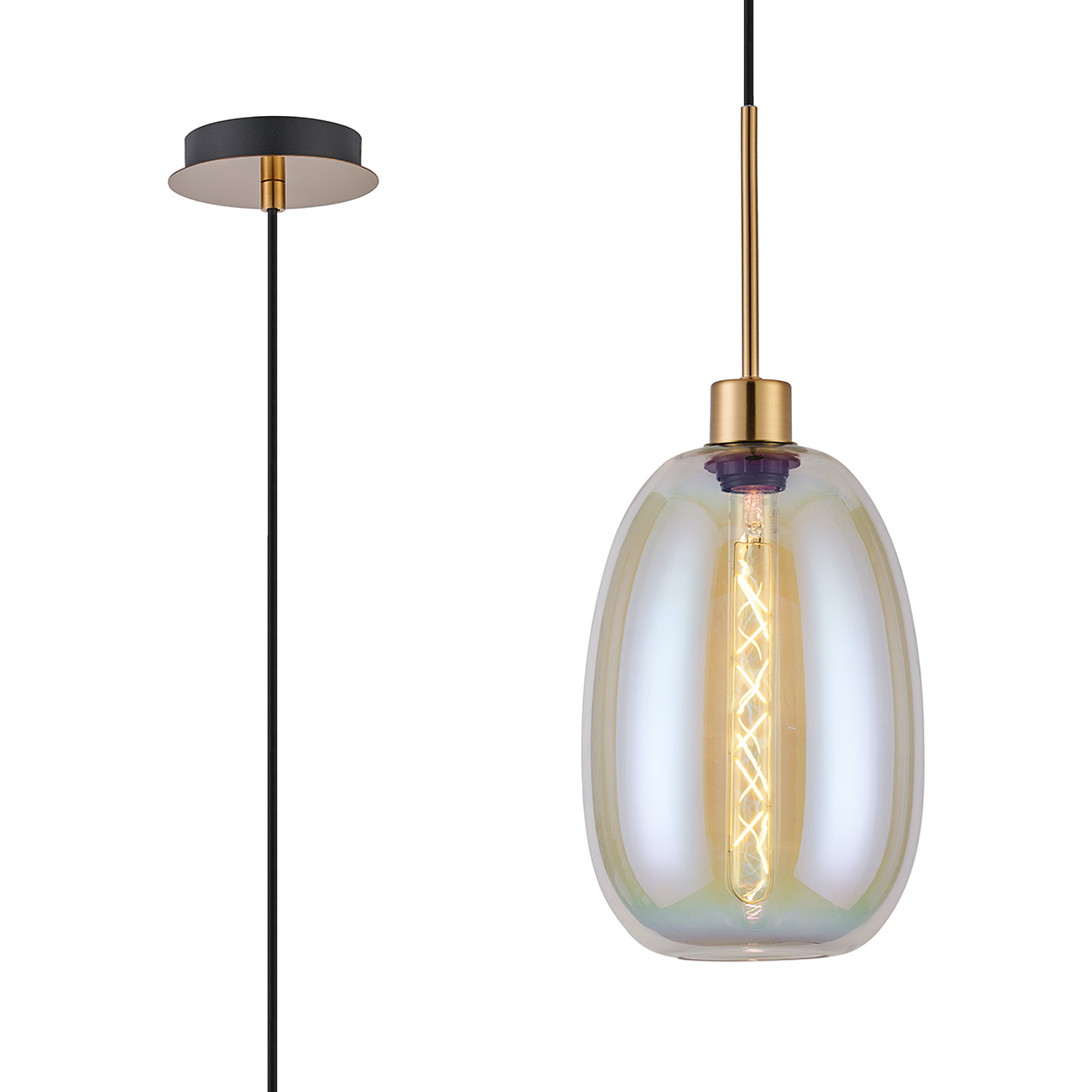 DK1165  Lori 1.7m Single Pendant, 1 Light Adjustable E27, Antique Gold/Iridescent Slim Curved Trapezium Shades